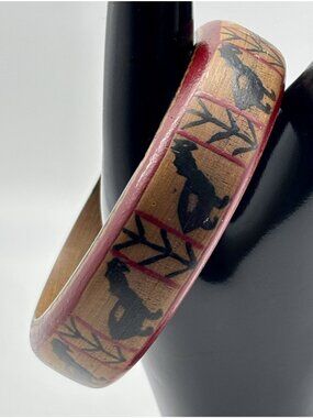 Vintage Wooden Hand Painted Bangle Bracelet Folk Art Tribal Red & Black Unsigned